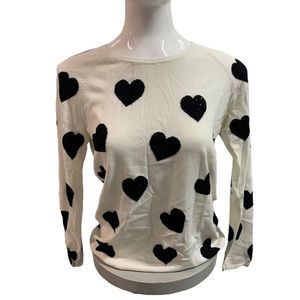 White lightweight long sleeve sweater with black hearts and jewels